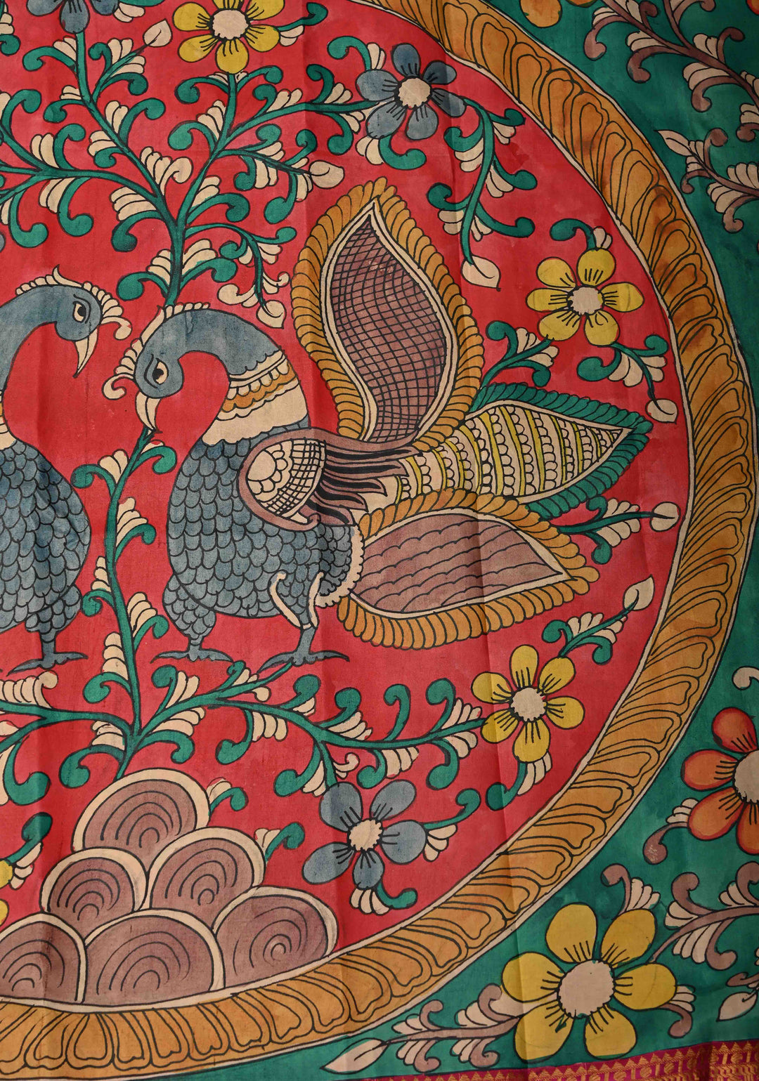 Floral-Peacock in Extra Large Mandala Theme : Rama Green Authentic Pen Kalamkari on Pure Kanjivaram Silk Saree with Wide Kanjivaram Pink Border | SILK MARK CERTIFIED