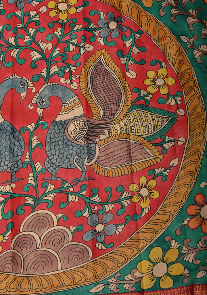Floral-Peacock in Extra Large Mandala Theme : Rama Green Authentic Pen Kalamkari on Pure Kanjivaram Silk Saree with Wide Kanjivaram Pink Border | SILK MARK CERTIFIED