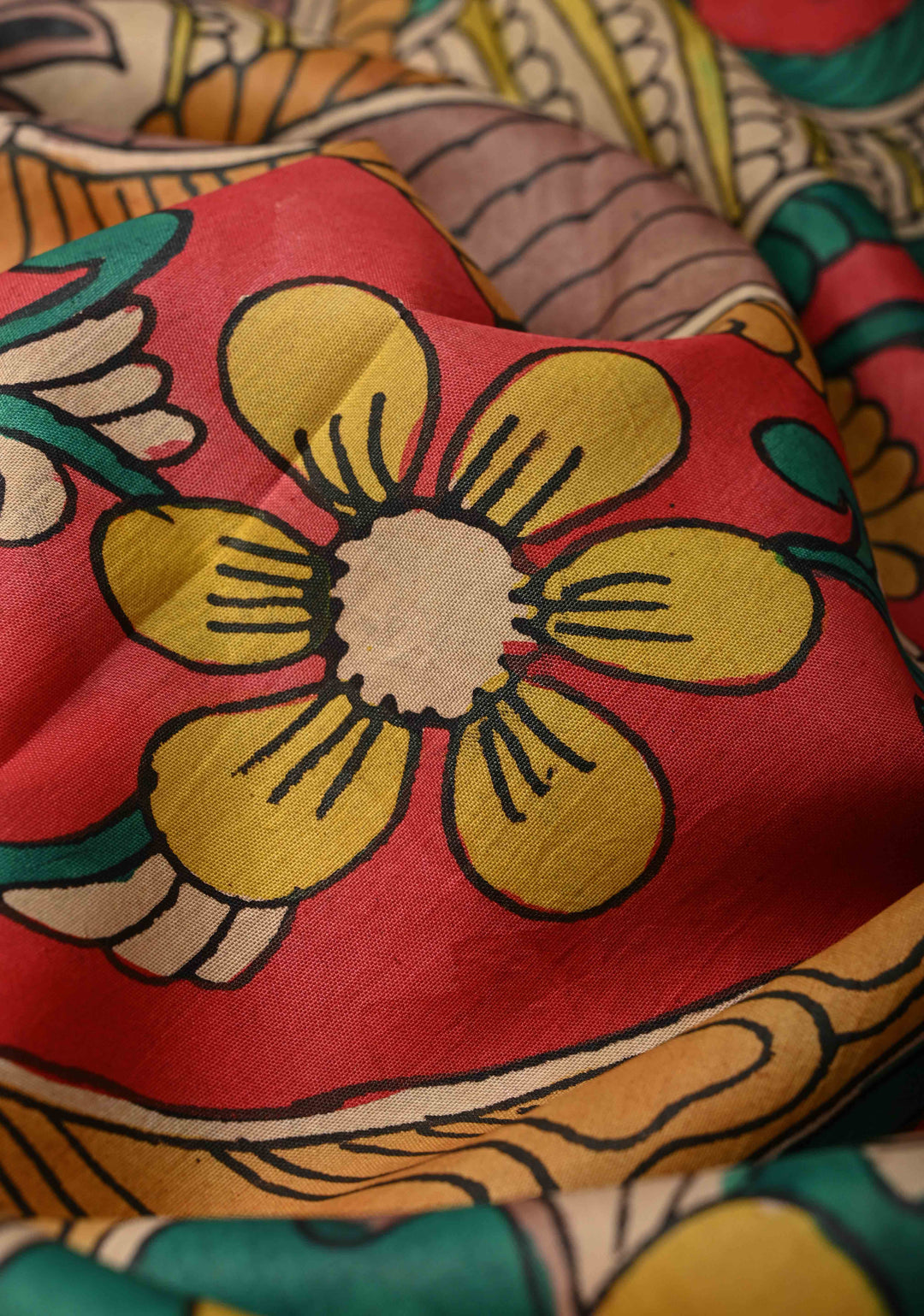 Floral-Peacock in Extra Large Mandala Theme : Rama Green Authentic Pen Kalamkari on Pure Kanjivaram Silk Saree with Wide Kanjivaram Pink Border | SILK MARK CERTIFIED