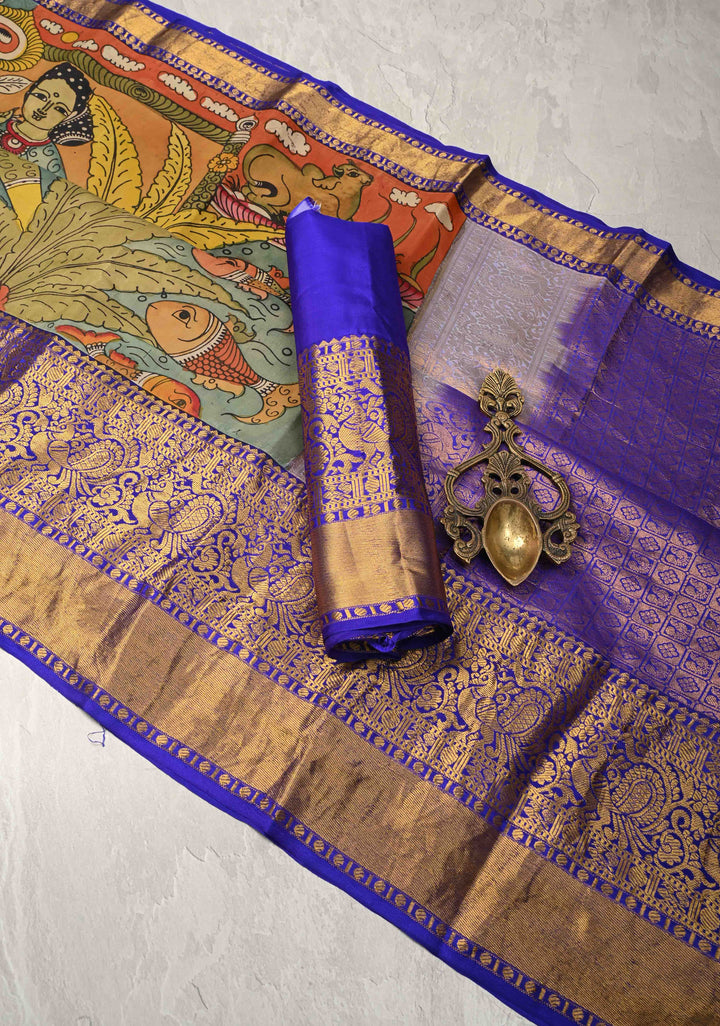 Krishna and Gopikas Theme : Authentic Pen Kalamkari on Pure Kanjivaram Silk Saree with Wide Zari Border | SILK MARK CERTIFIED