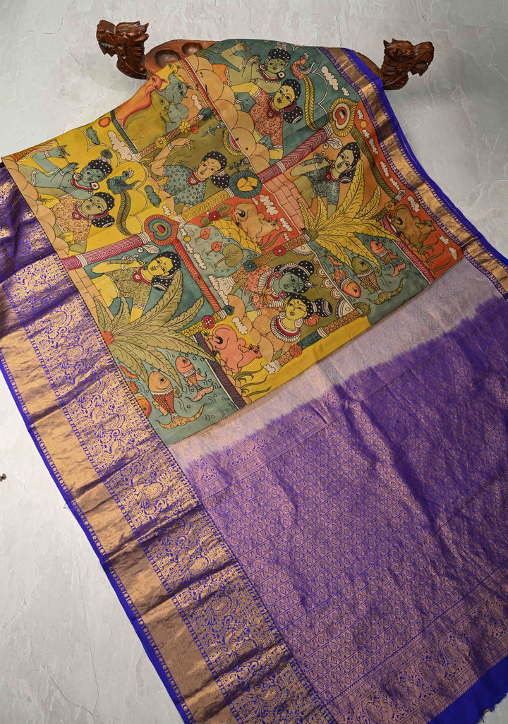 Krishna and Gopikas Theme : Authentic Pen Kalamkari on Pure Kanjivaram Silk Saree with Wide Zari Border | SILK MARK CERTIFIED