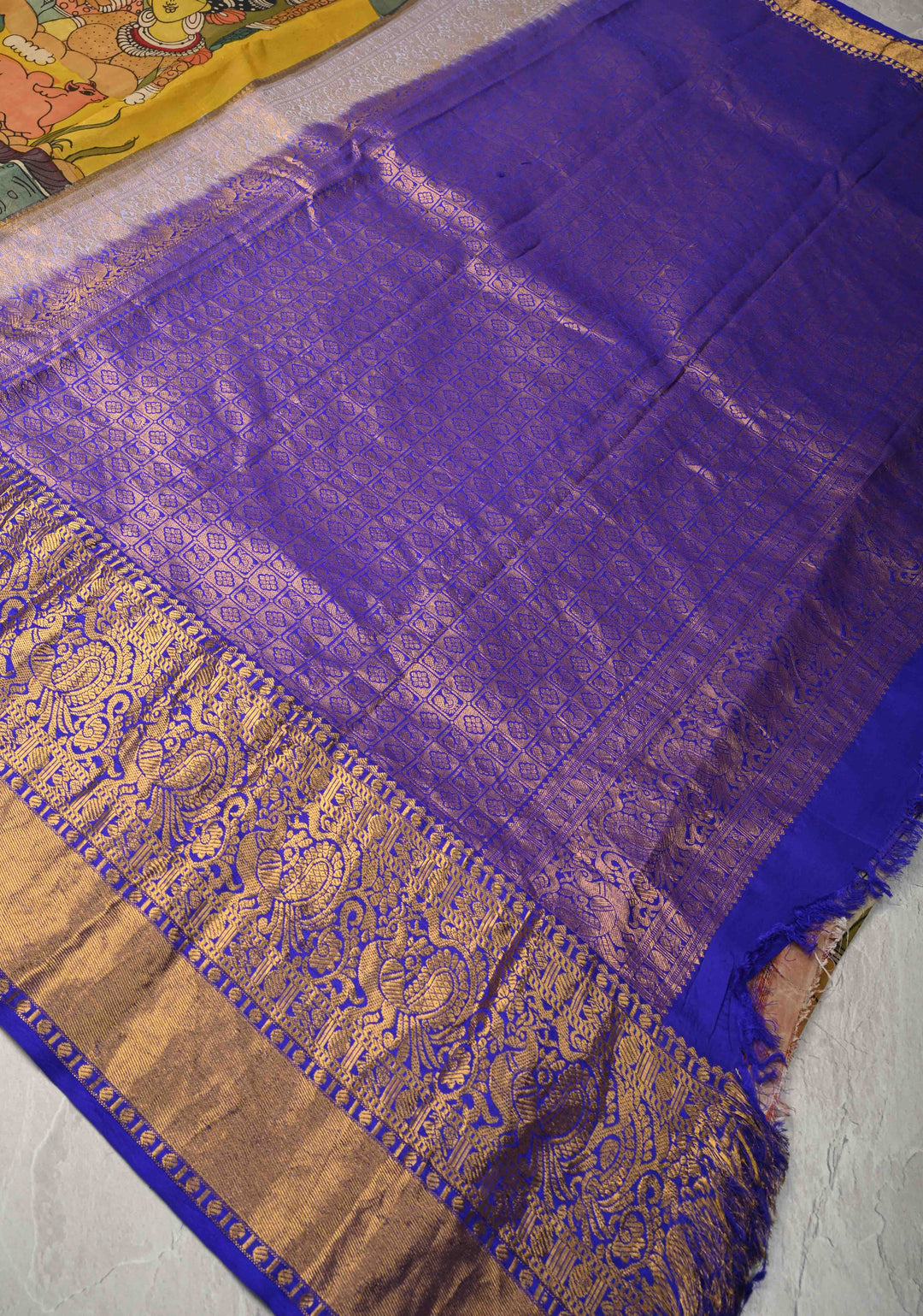 Krishna and Gopikas Theme : Authentic Pen Kalamkari on Pure Kanjivaram Silk Saree with Wide Zari Border | SILK MARK CERTIFIED