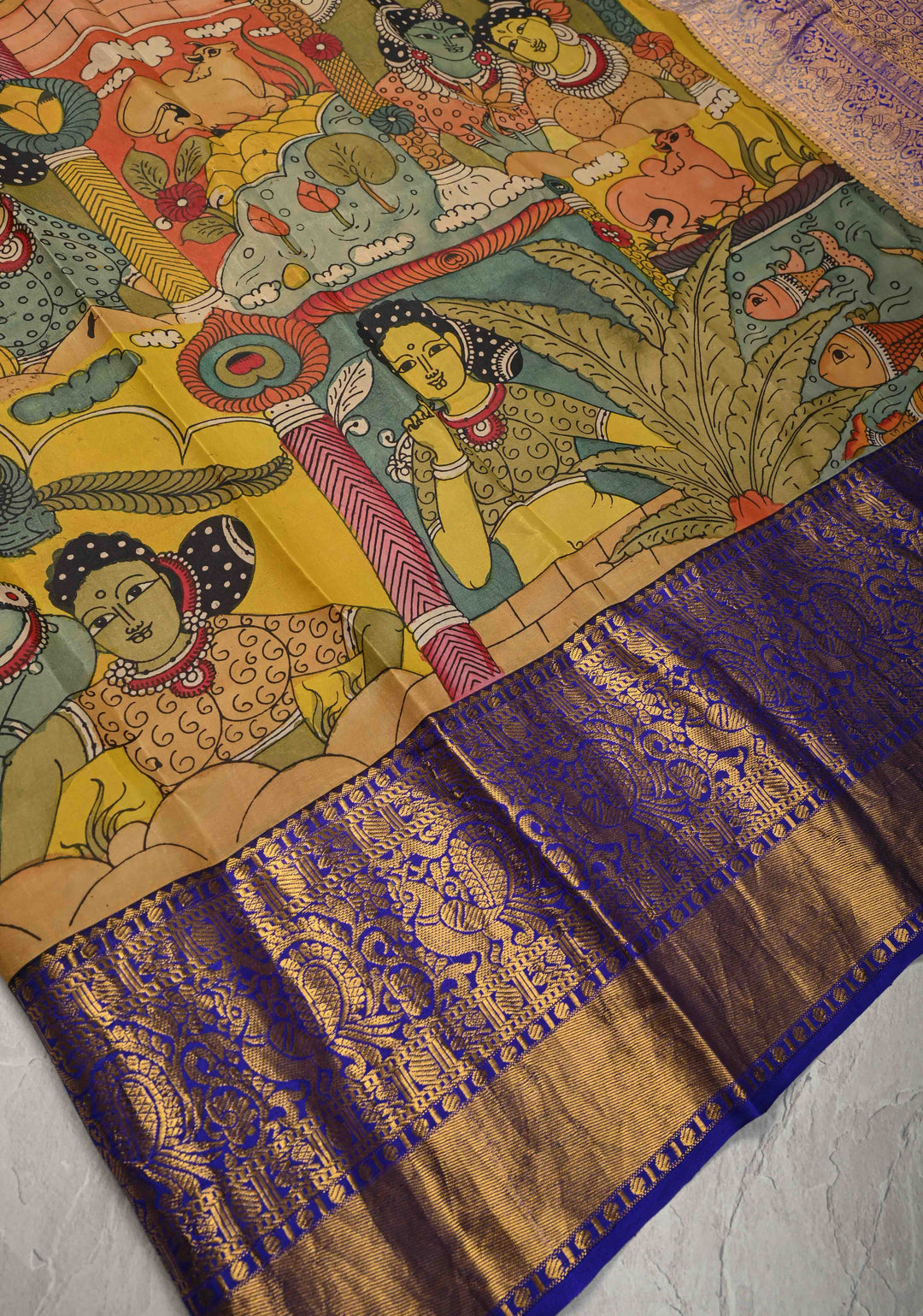 Krishna and Gopikas Theme : Authentic Pen Kalamkari on Pure Kanjivaram Silk Saree with Wide Zari Border | SILK MARK CERTIFIED
