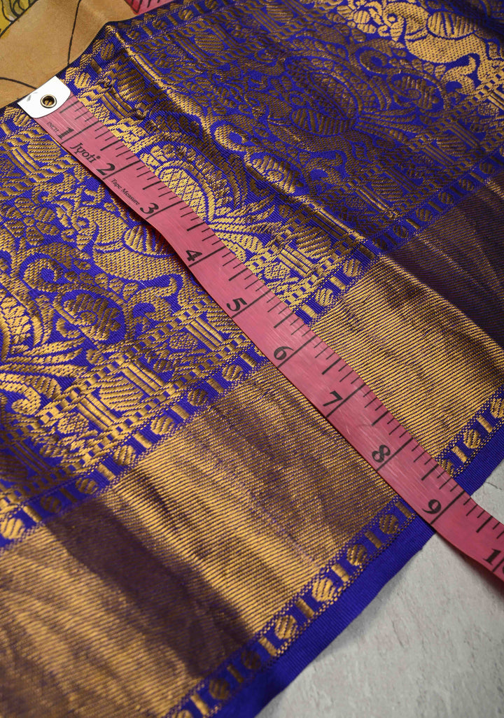 Krishna and Gopikas Theme : Authentic Pen Kalamkari on Pure Kanjivaram Silk Saree with Wide Zari Border | SILK MARK CERTIFIED