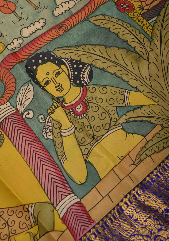 Krishna and Gopikas Theme : Authentic Pen Kalamkari on Pure Kanjivaram Silk Saree with Wide Zari Border | SILK MARK CERTIFIED