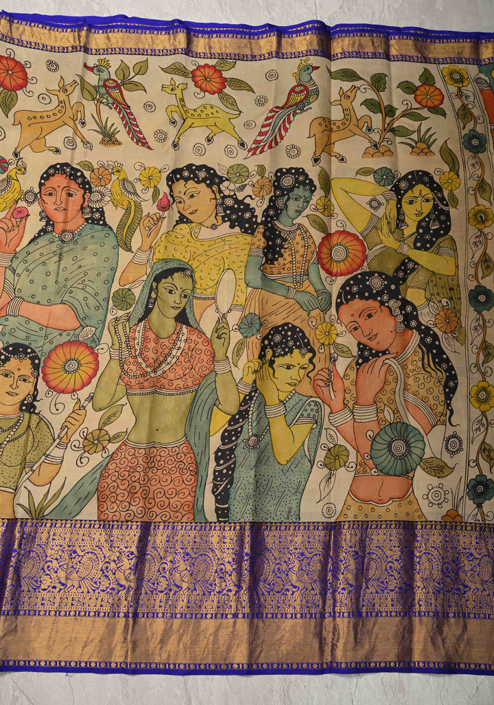 Krishna and Gopikas Theme : Authentic Pen Kalamkari on Pure Kanjivaram Silk Saree with Wide Zari Border | SILK MARK CERTIFIED