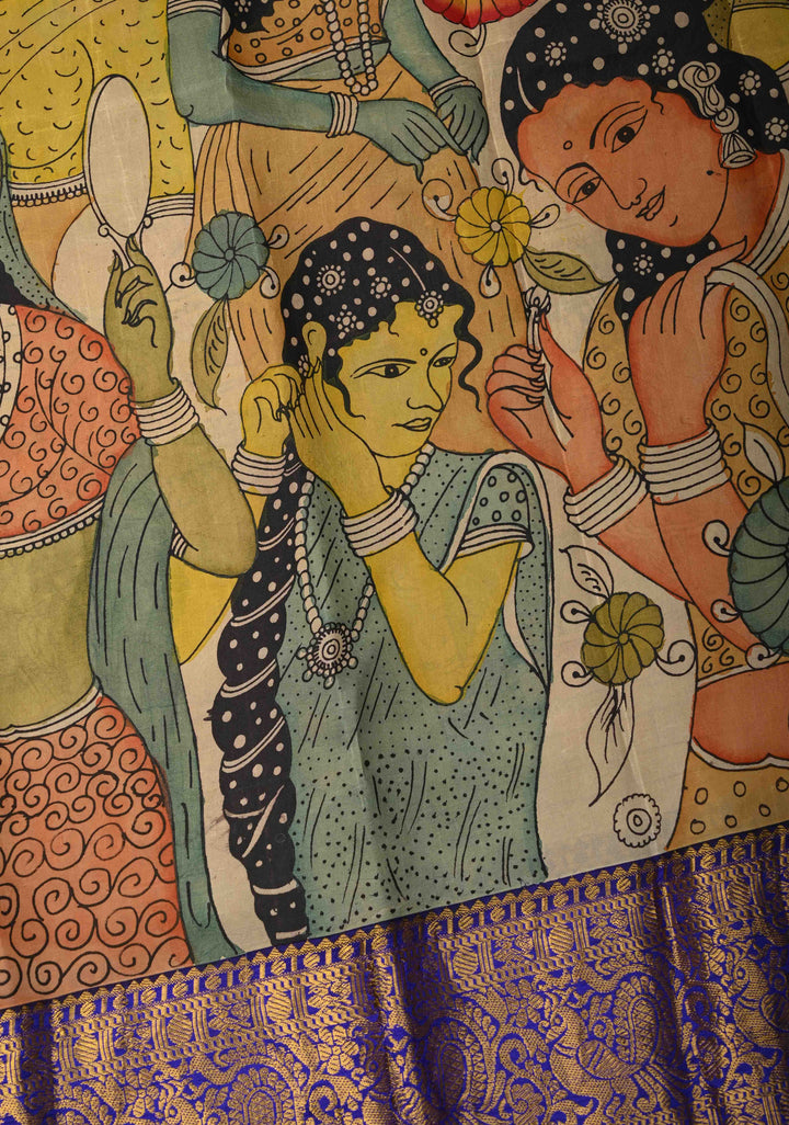 Krishna and Gopikas Theme : Authentic Pen Kalamkari on Pure Kanjivaram Silk Saree with Wide Zari Border | SILK MARK CERTIFIED