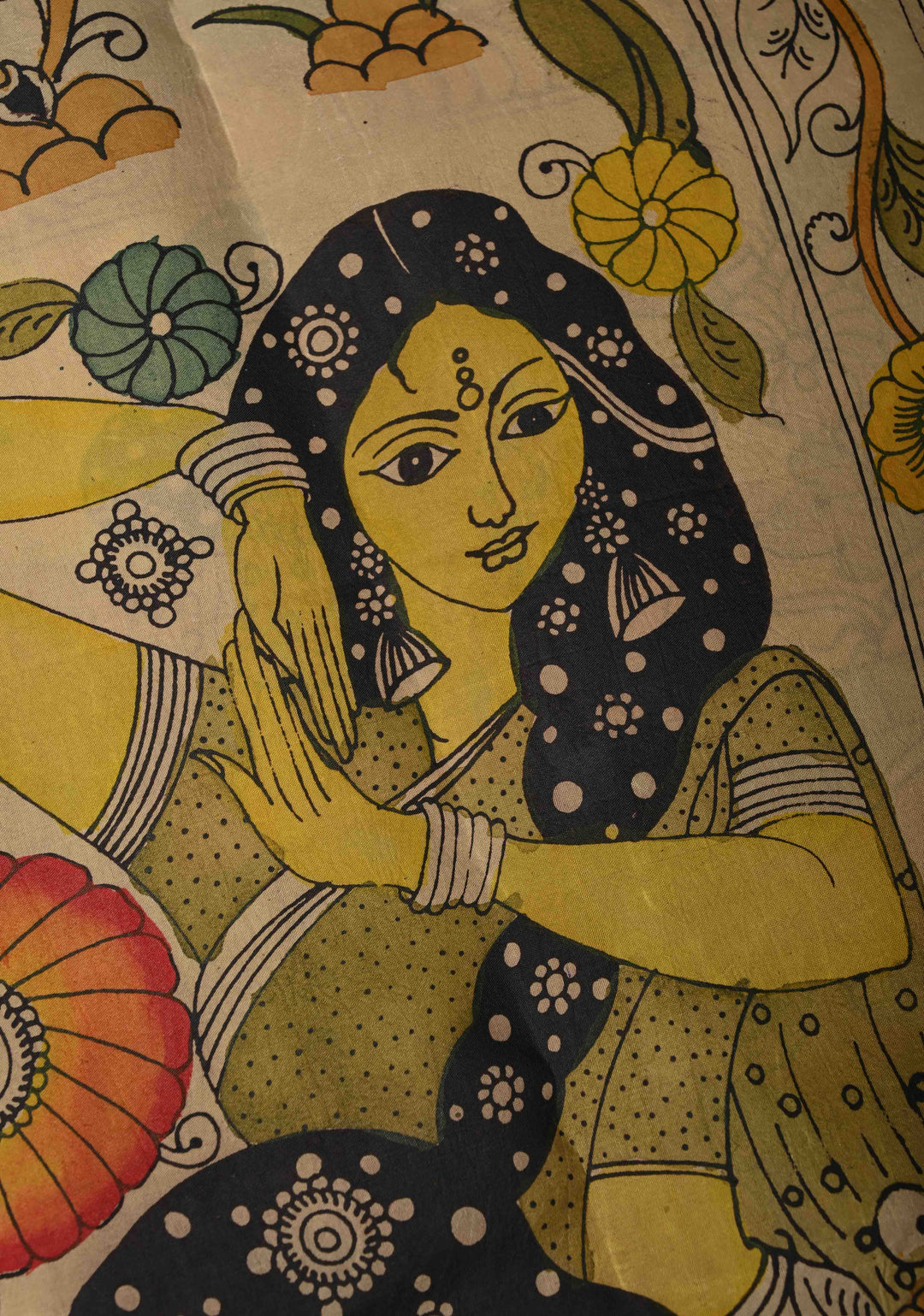 Krishna and Gopikas Theme : Authentic Pen Kalamkari on Pure Kanjivaram Silk Saree with Wide Zari Border | SILK MARK CERTIFIED