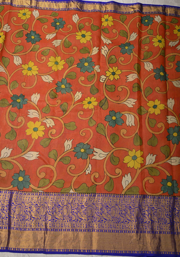 Krishna and Gopikas Theme : Authentic Pen Kalamkari on Pure Kanjivaram Silk Saree with Wide Zari Border | SILK MARK CERTIFIED