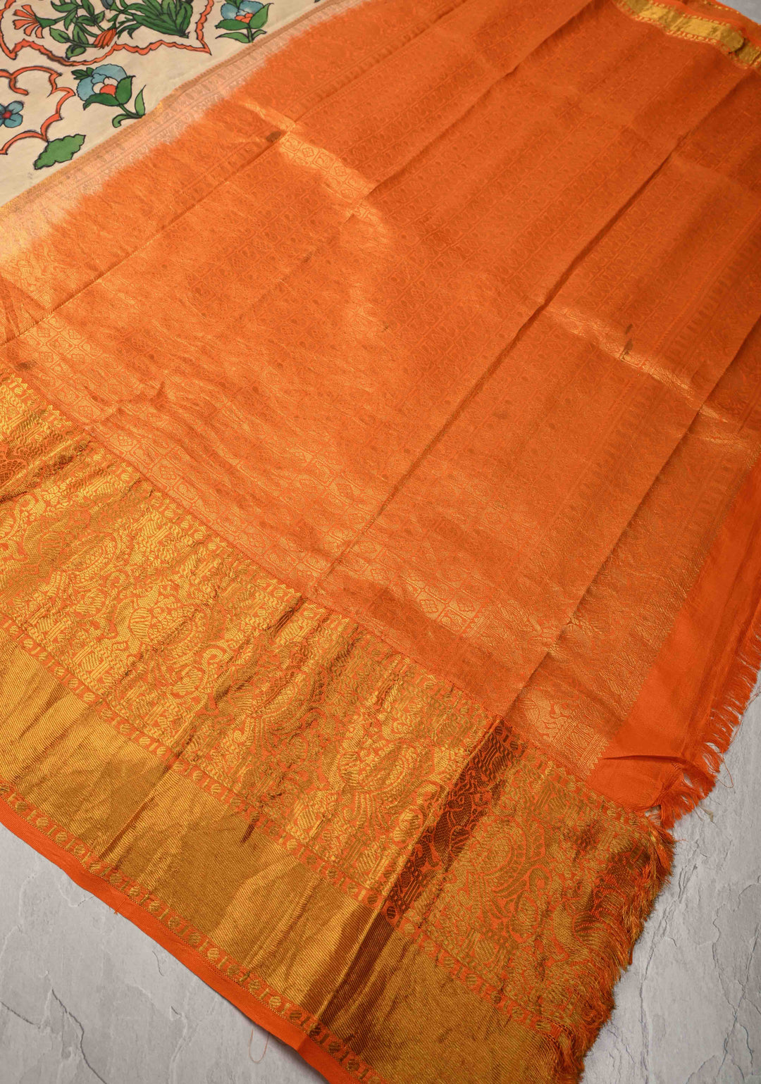 Turkish Floral Theme : Natural Color Authentic Pen Kalamkari on Pure Kanjivaram Silk Saree with Wide Zari Border | SILK MARK CERTIFIED