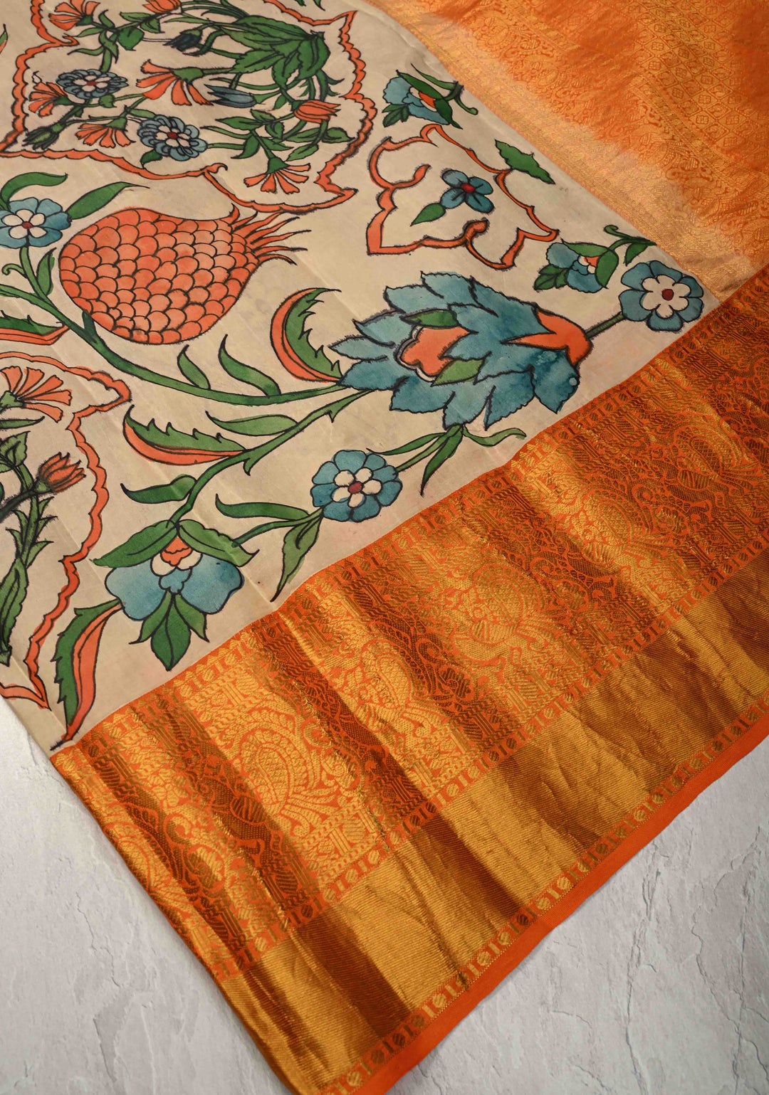 Turkish Floral Theme : Natural Color Authentic Pen Kalamkari on Pure Kanjivaram Silk Saree with Wide Zari Border | SILK MARK CERTIFIED
