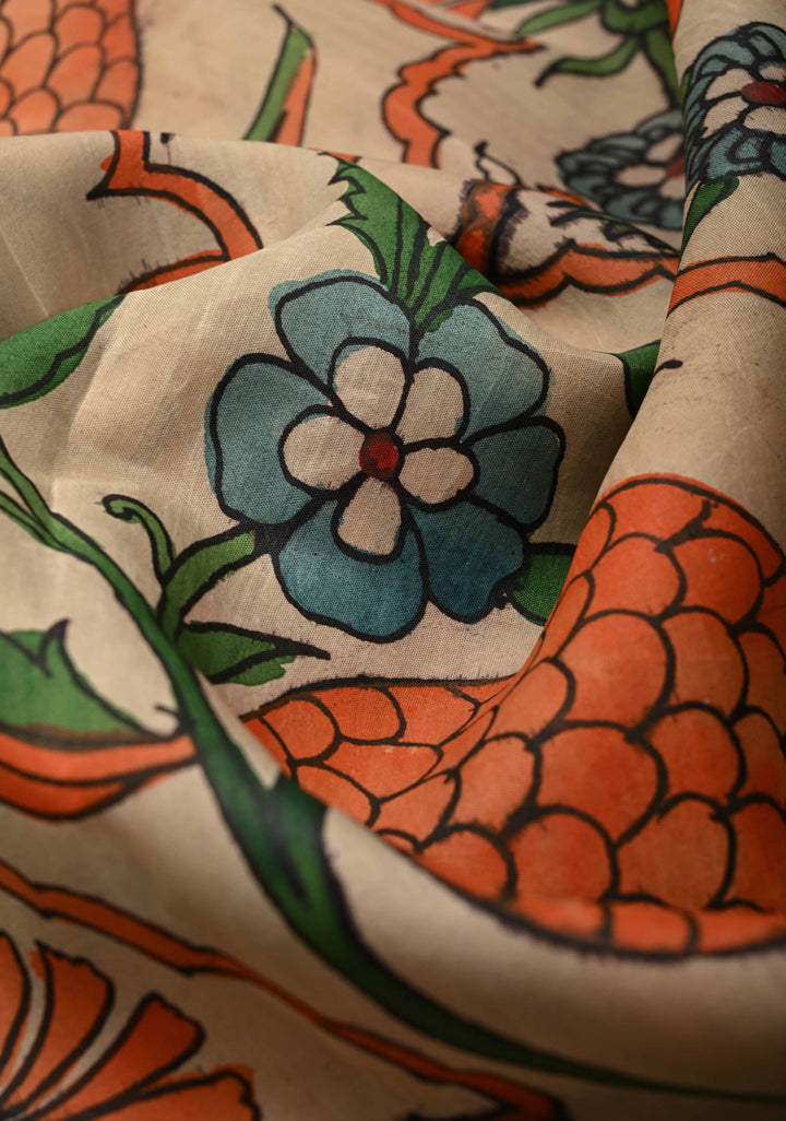 Turkish Floral Theme : Natural Color Authentic Pen Kalamkari on Pure Kanjivaram Silk Saree with Wide Zari Border | SILK MARK CERTIFIED