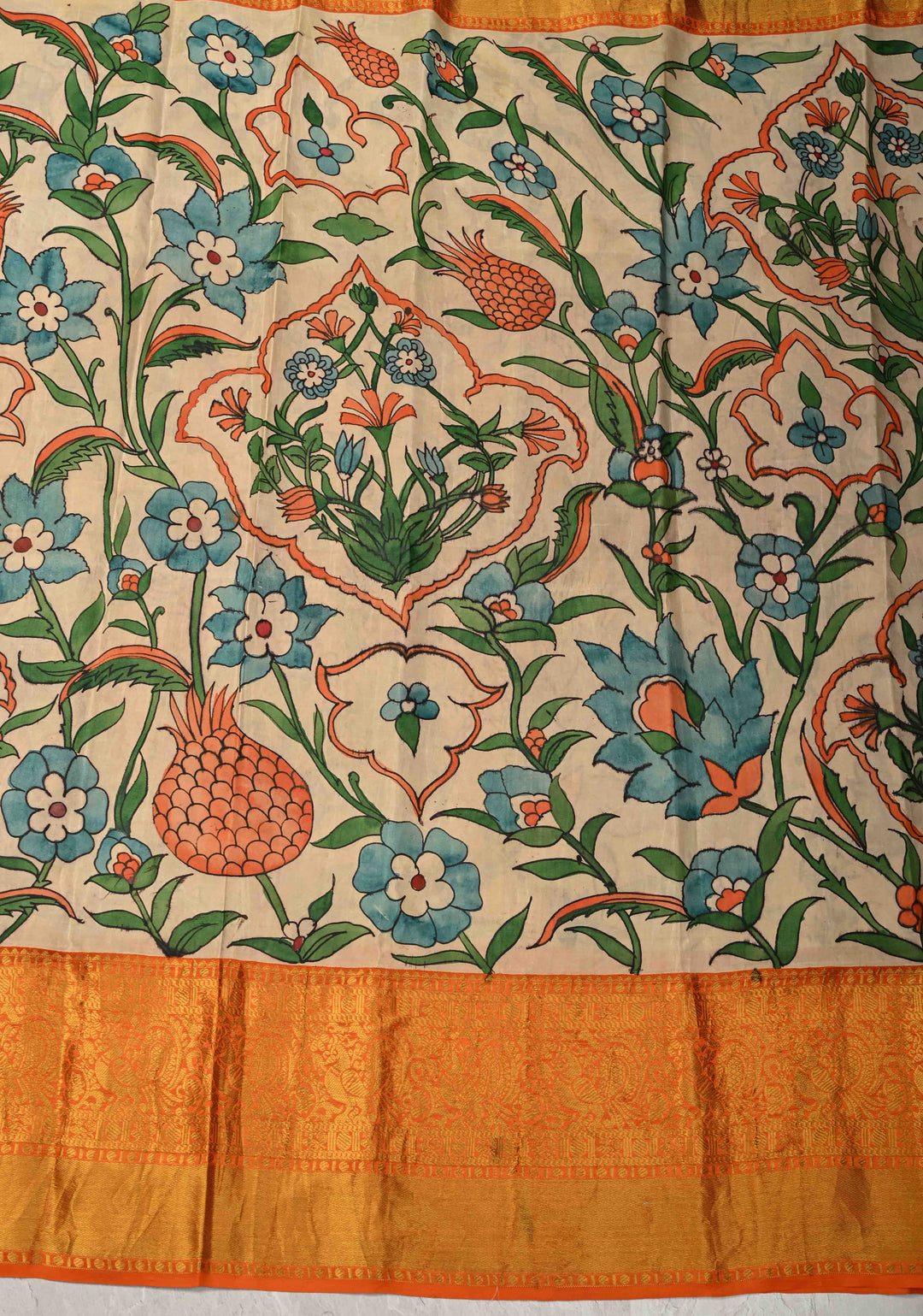 Turkish Floral Theme : Natural Color Authentic Pen Kalamkari on Pure Kanjivaram Silk Saree with Wide Zari Border | SILK MARK CERTIFIED