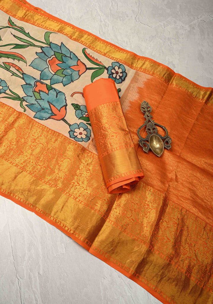 Turkish Floral Theme : Natural Color Authentic Pen Kalamkari on Pure Kanjivaram Silk Saree with Wide Zari Border | SILK MARK CERTIFIED