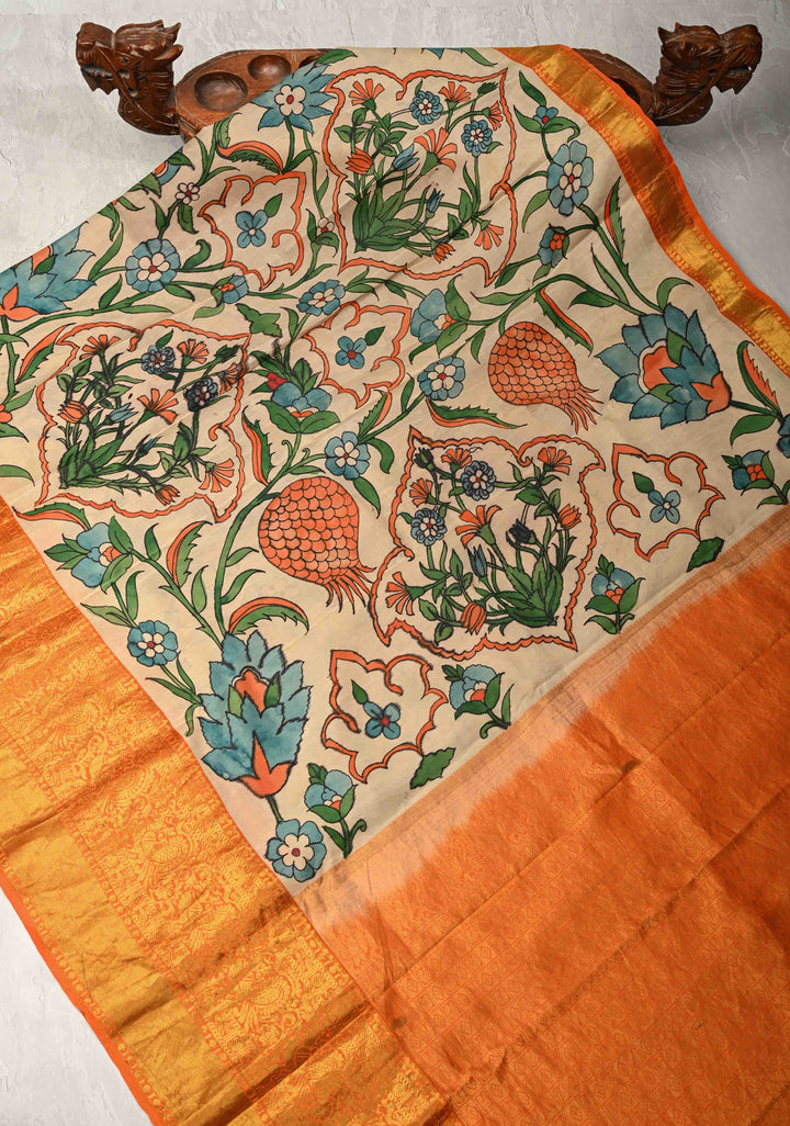 Turkish Floral Theme : Natural Color Authentic Pen Kalamkari on Pure Kanjivaram Silk Saree with Wide Zari Border | SILK MARK CERTIFIED