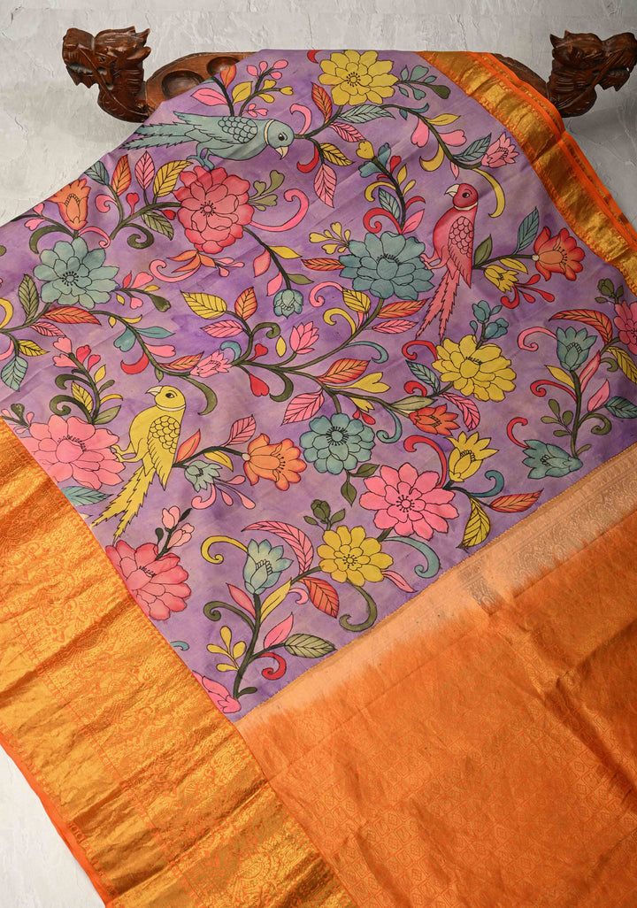 Floral and Parrot Theme : Purple Authentic Pen Kalamkari on Pure Kanjivaram Silk Saree with Wide Zari Border | SILK MARK CERTIFIED