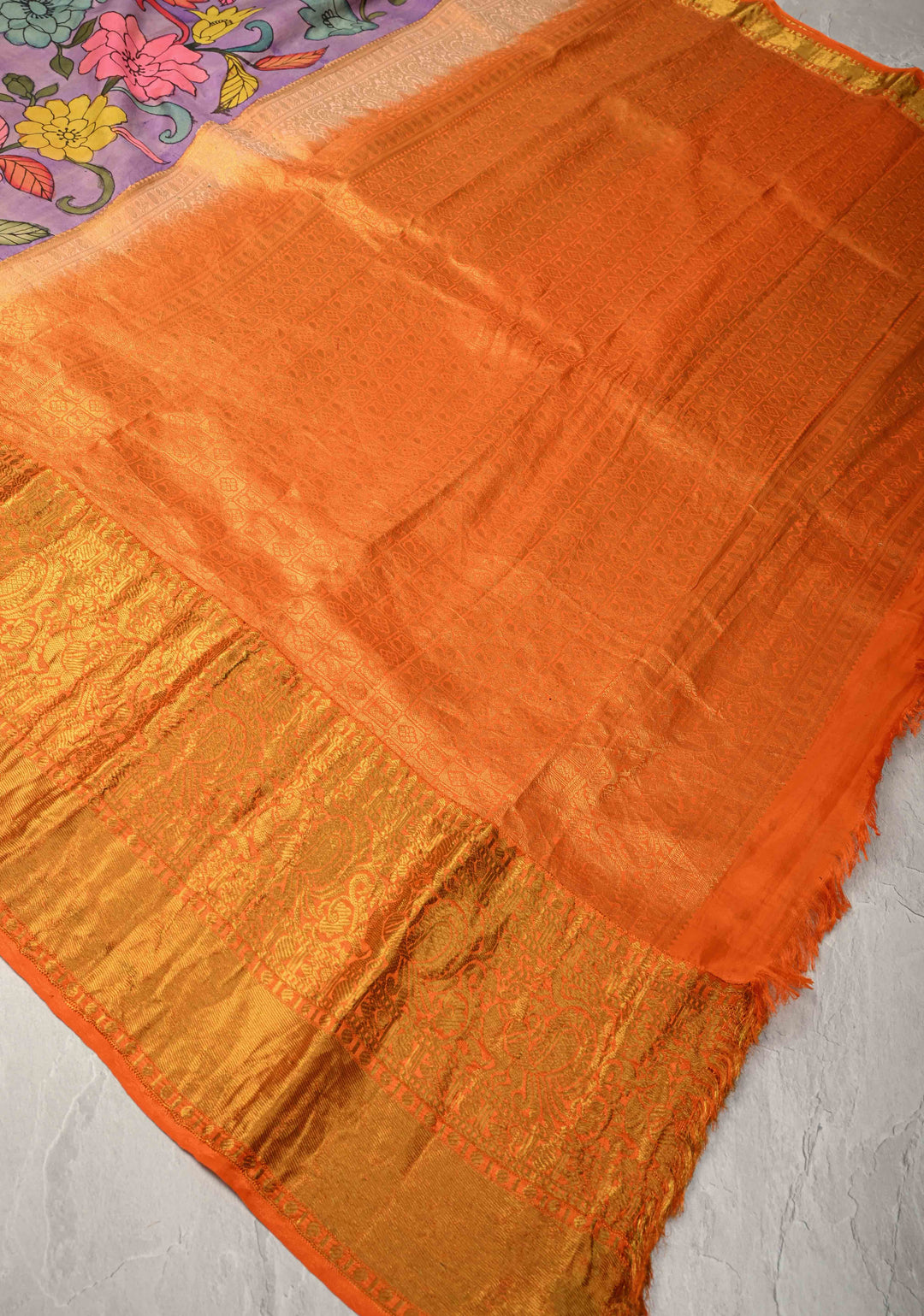 Floral and Parrot Theme : Purple Authentic Pen Kalamkari on Pure Kanjivaram Silk Saree with Wide Zari Border | SILK MARK CERTIFIED
