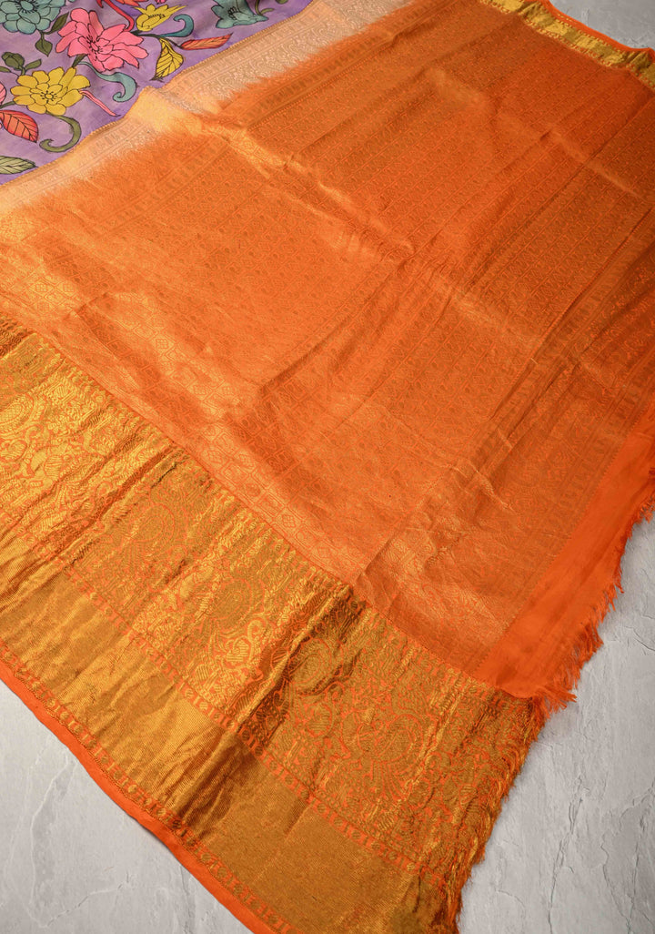 Floral and Parrot Theme : Purple Authentic Pen Kalamkari on Pure Kanjivaram Silk Saree with Wide Zari Border | SILK MARK CERTIFIED