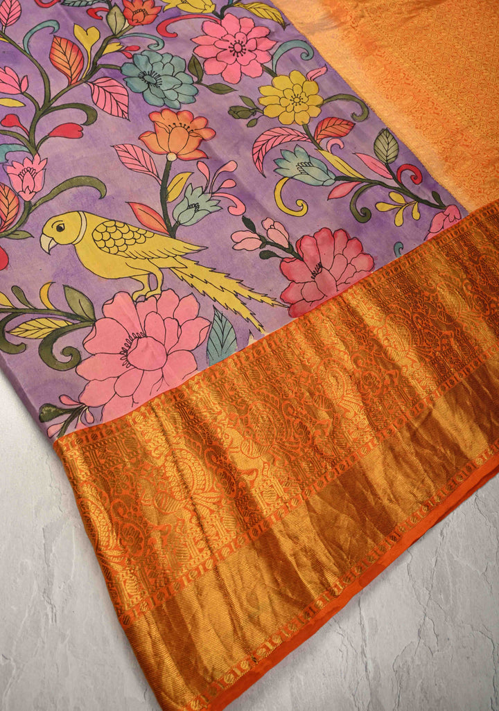 Floral and Parrot Theme : Purple Authentic Pen Kalamkari on Pure Kanjivaram Silk Saree with Wide Zari Border | SILK MARK CERTIFIED