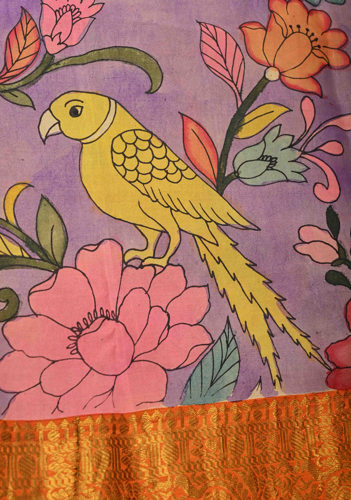 Floral and Parrot Theme : Purple Authentic Pen Kalamkari on Pure Kanjivaram Silk Saree with Wide Zari Border | SILK MARK CERTIFIED