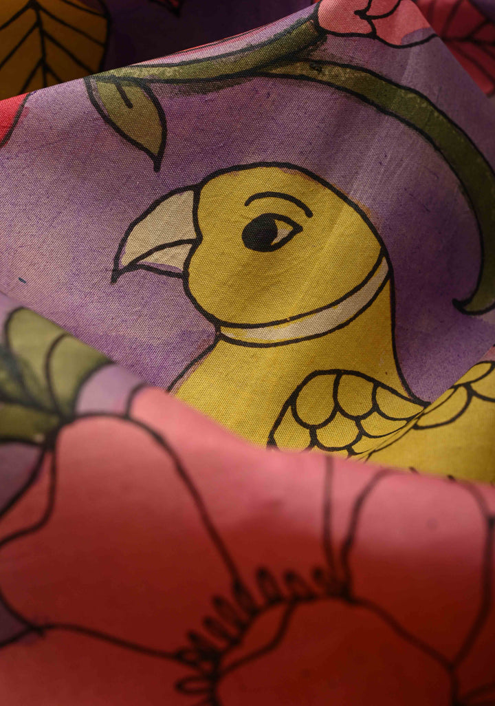 Floral and Parrot Theme : Purple Authentic Pen Kalamkari on Pure Kanjivaram Silk Saree with Wide Zari Border | SILK MARK CERTIFIED