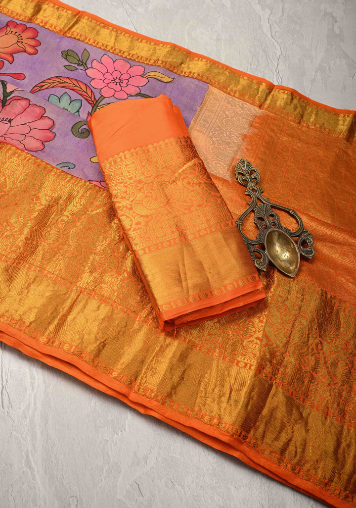 Floral and Parrot Theme : Purple Authentic Pen Kalamkari on Pure Kanjivaram Silk Saree with Wide Zari Border | SILK MARK CERTIFIED