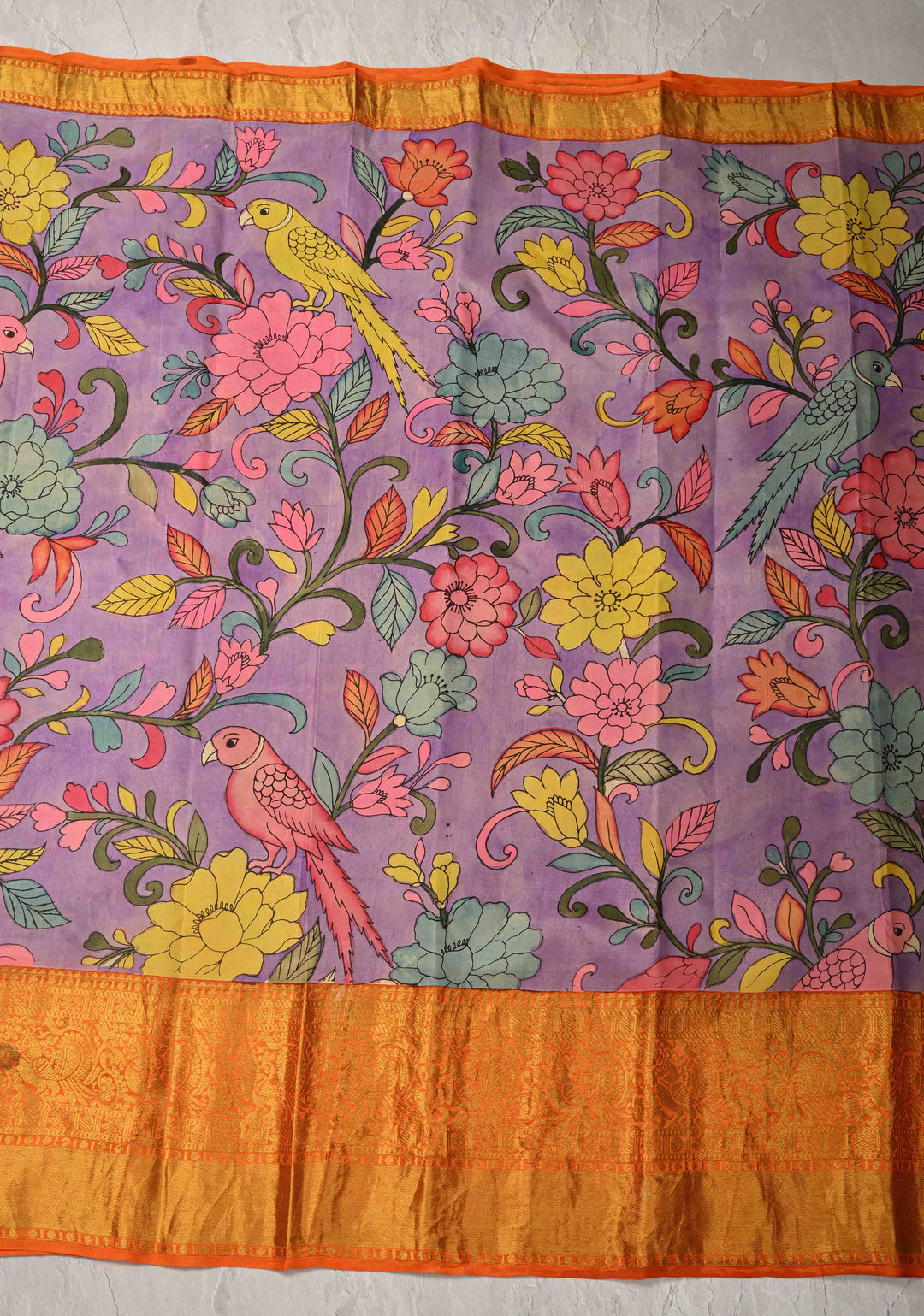 Floral and Parrot Theme : Purple Authentic Pen Kalamkari on Pure Kanjivaram Silk Saree with Wide Zari Border | SILK MARK CERTIFIED