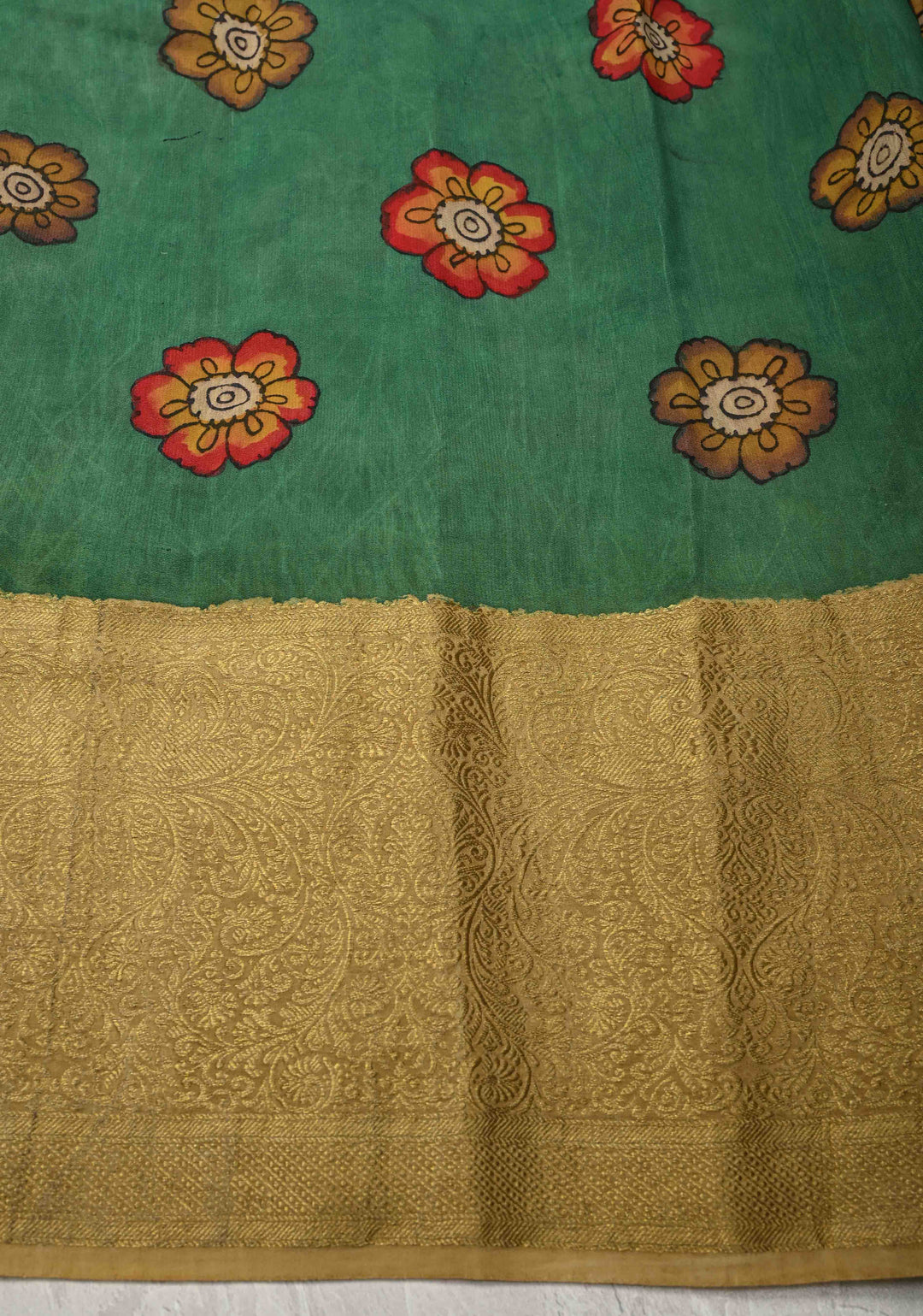 Magnificient Mandalas Rama Green Authentic Hand painted Pen Kalamkari on Pure Mysore Crepe Silk Saree with Zari Border | SILK MARK CERTIFIED