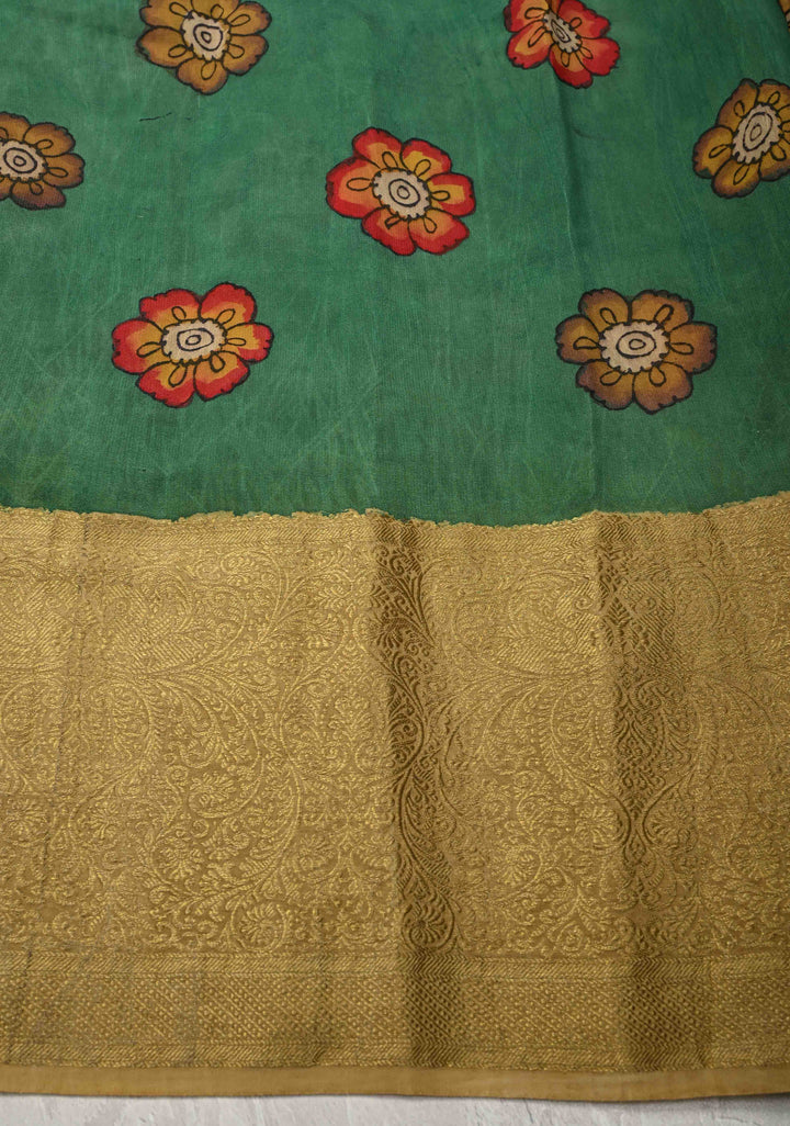 Magnificient Mandalas Rama Green Authentic Hand painted Pen Kalamkari on Pure Mysore Crepe Silk Saree with Zari Border | SILK MARK CERTIFIED