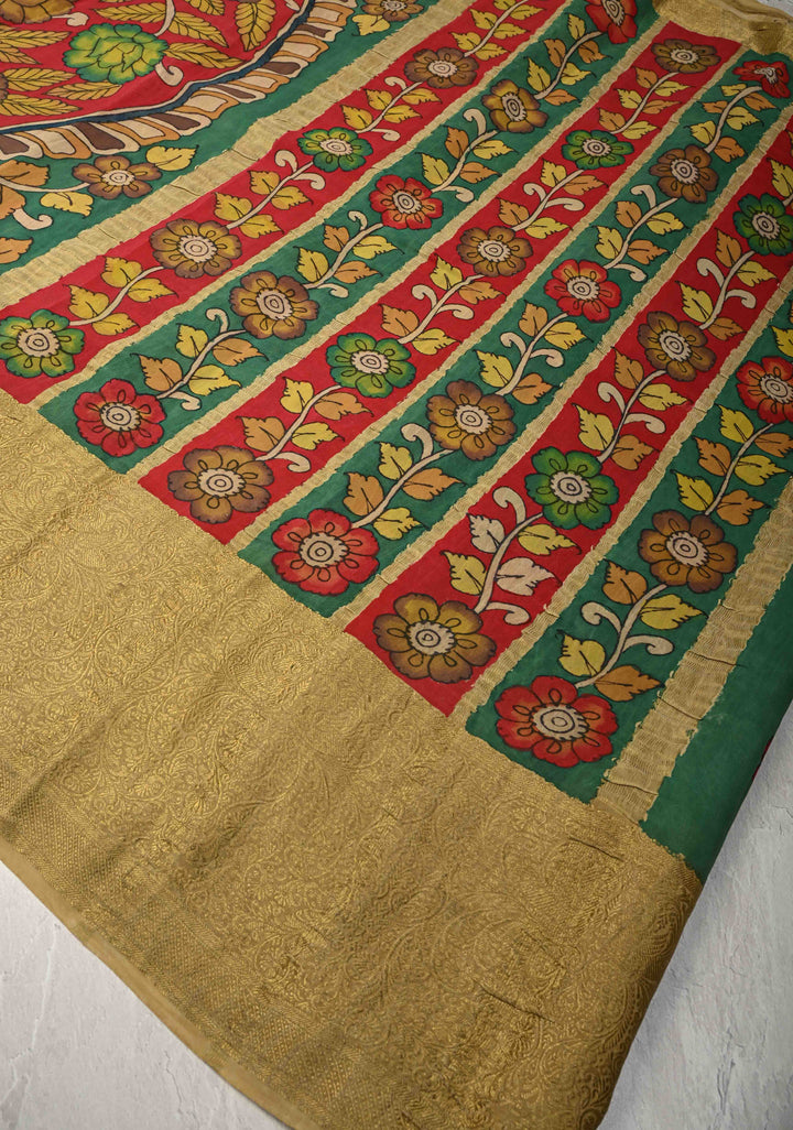 Magnificient Mandalas Rama Green Authentic Hand painted Pen Kalamkari on Pure Mysore Crepe Silk Saree with Zari Border | SILK MARK CERTIFIED