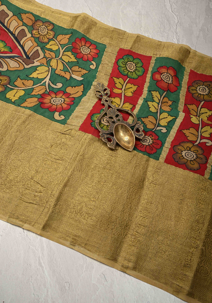 Magnificient Mandalas Rama Green Authentic Hand painted Pen Kalamkari on Pure Mysore Crepe Silk Saree with Zari Border | SILK MARK CERTIFIED