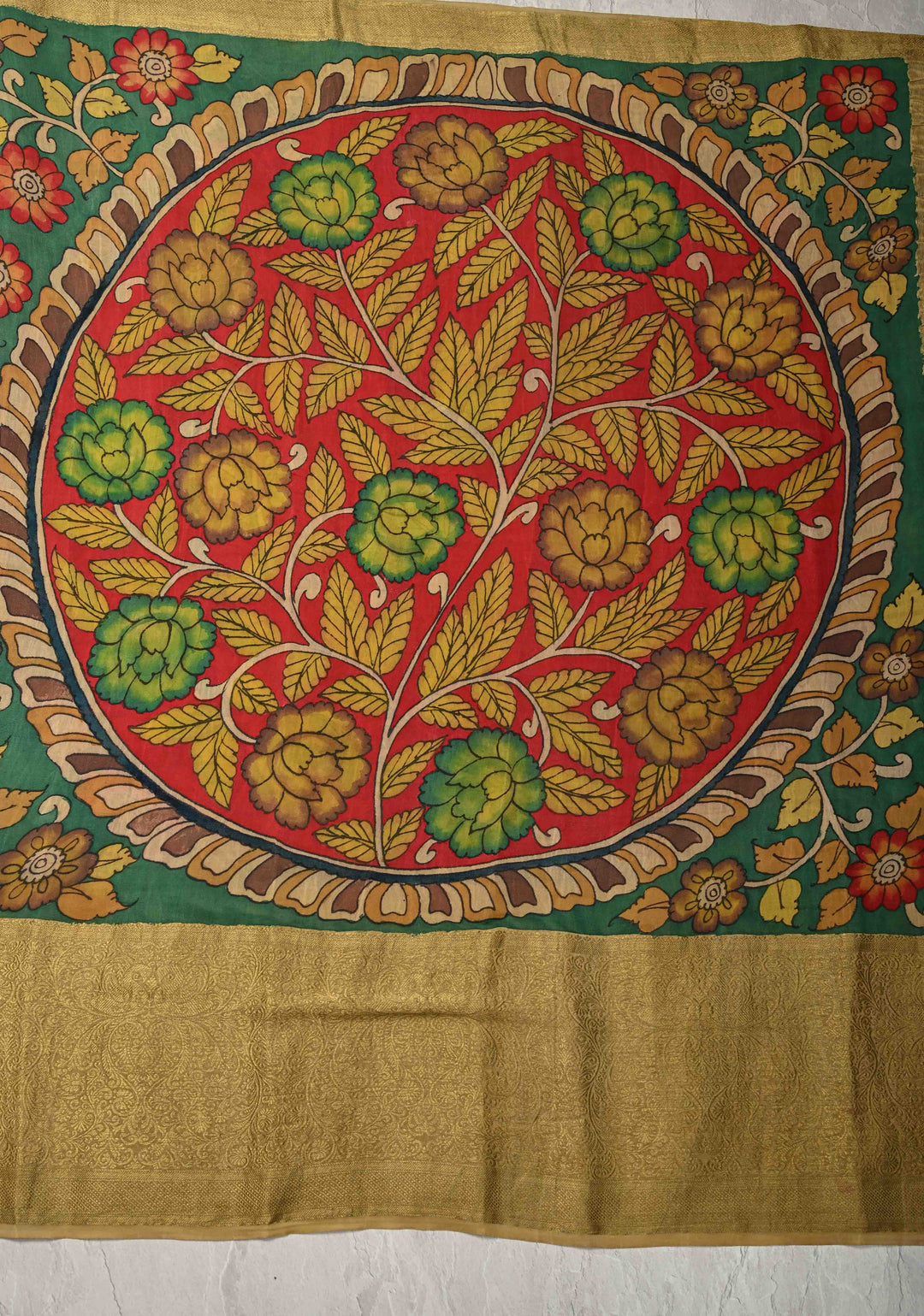 Magnificient Mandalas Rama Green Authentic Hand painted Pen Kalamkari on Pure Mysore Crepe Silk Saree with Zari Border | SILK MARK CERTIFIED