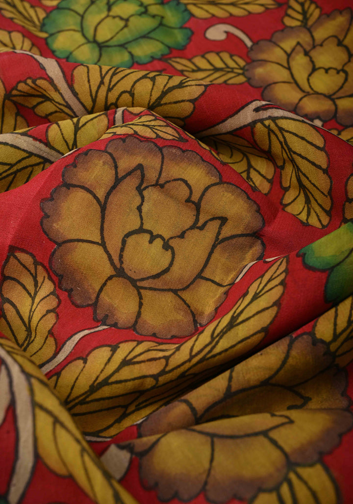 Magnificient Mandalas Rama Green Authentic Hand painted Pen Kalamkari on Pure Mysore Crepe Silk Saree with Zari Border | SILK MARK CERTIFIED