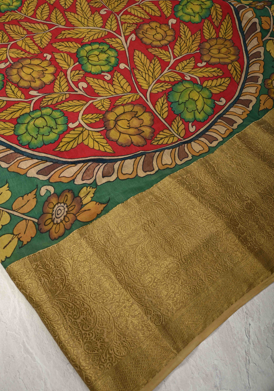 Magnificient Mandalas Rama Green Authentic Hand painted Pen Kalamkari on Pure Mysore Crepe Silk Saree with Zari Border | SILK MARK CERTIFIED