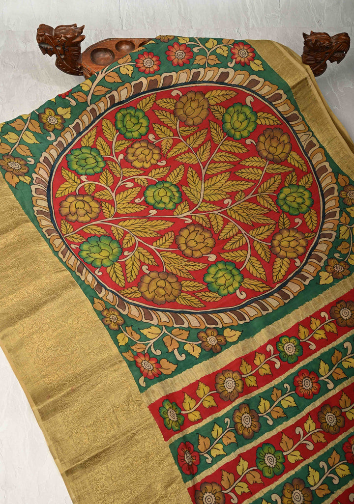 Magnificient Mandalas Rama Green Authentic Hand painted Pen Kalamkari on Pure Mysore Crepe Silk Saree with Zari Border | SILK MARK CERTIFIED