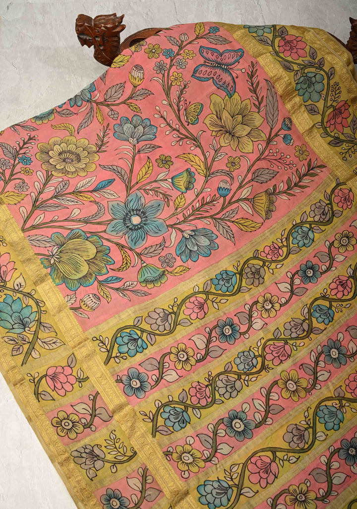 Yellow and Purple Handpainted Pen Kalamkari on Pure Mysore Silk Saree with Zari Brocade Jaal and Rettaipet Border | SILK MARK CERTIFIED (Copy)