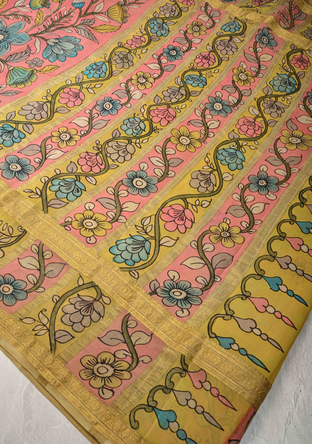 Yellow and Purple Handpainted Pen Kalamkari on Pure Mysore Silk Saree with Zari Brocade Jaal and Rettaipet Border | SILK MARK CERTIFIED (Copy)
