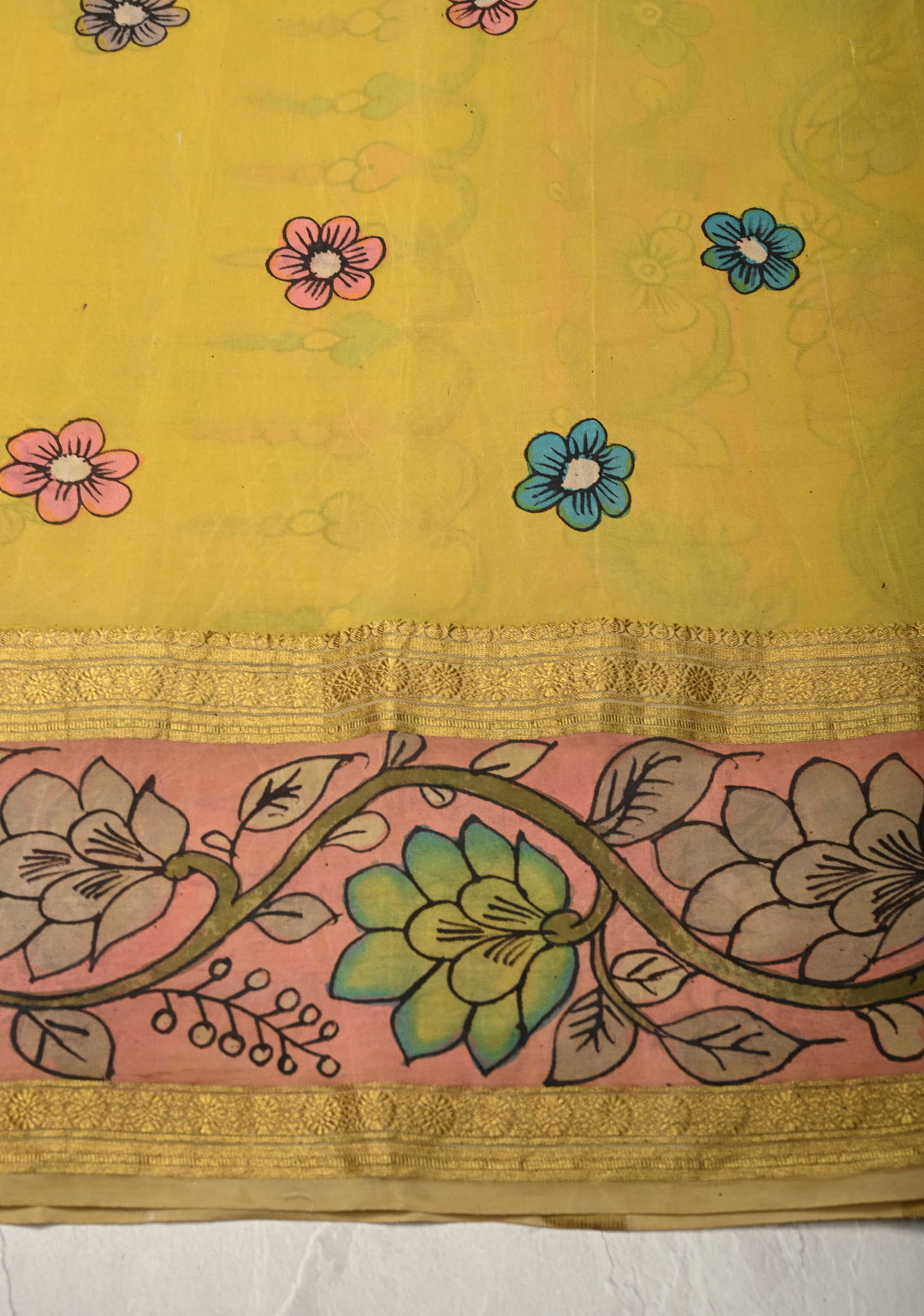 Yellow and Purple Handpainted Pen Kalamkari on Pure Mysore Silk Saree with Zari Brocade Jaal and Rettaipet Border | SILK MARK CERTIFIED (Copy)
