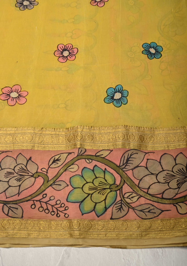 Yellow and Purple Handpainted Pen Kalamkari on Pure Mysore Silk Saree with Zari Brocade Jaal and Rettaipet Border | SILK MARK CERTIFIED (Copy)