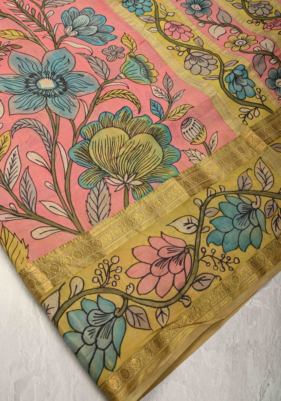 Yellow and Purple Handpainted Pen Kalamkari on Pure Mysore Silk Saree with Zari Brocade Jaal and Rettaipet Border | SILK MARK CERTIFIED (Copy)