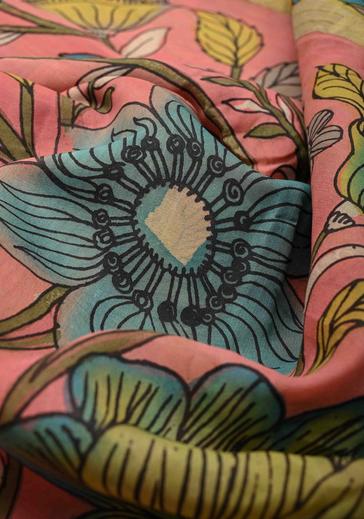 Yellow and Purple Handpainted Pen Kalamkari on Pure Mysore Silk Saree with Zari Brocade Jaal and Rettaipet Border | SILK MARK CERTIFIED (Copy)