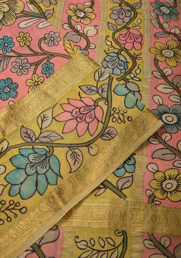 Yellow and Purple Handpainted Pen Kalamkari on Pure Mysore Silk Saree with Zari Brocade Jaal and Rettaipet Border | SILK MARK CERTIFIED (Copy)