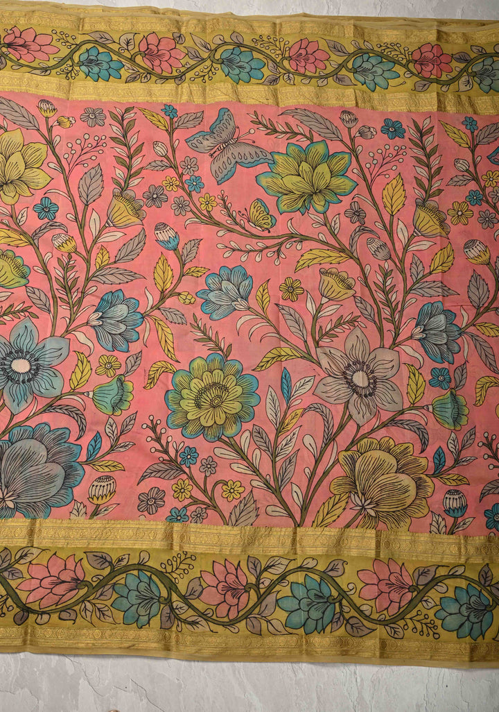 Yellow and Purple Handpainted Pen Kalamkari on Pure Mysore Silk Saree with Zari Brocade Jaal and Rettaipet Border | SILK MARK CERTIFIED (Copy)