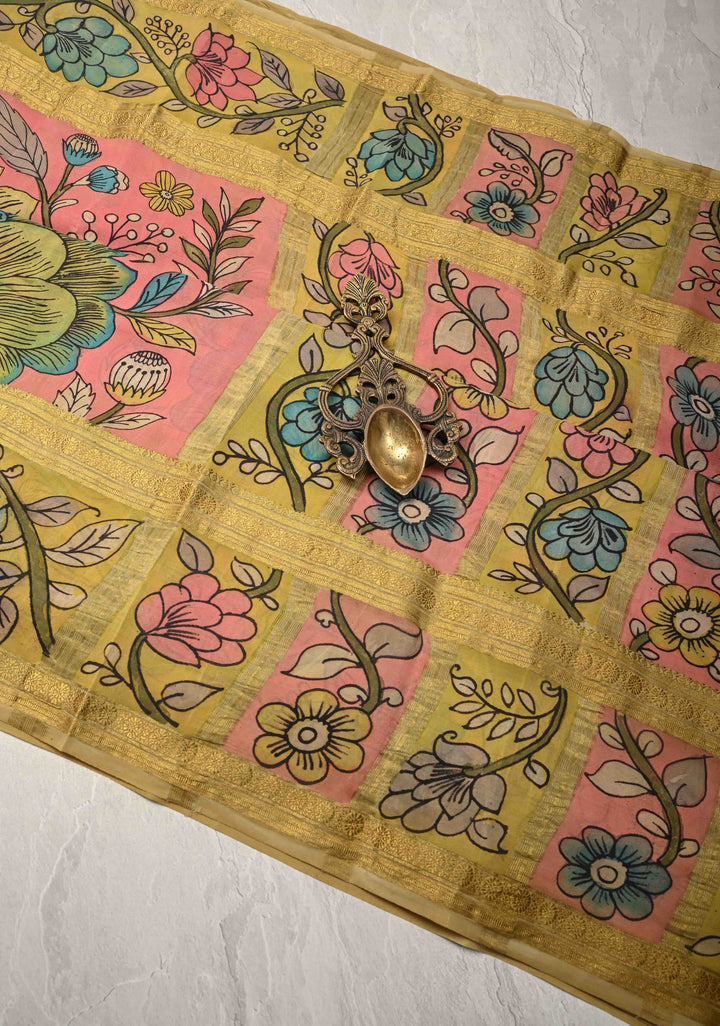 Yellow and Purple Handpainted Pen Kalamkari on Pure Mysore Silk Saree with Zari Brocade Jaal and Rettaipet Border | SILK MARK CERTIFIED (Copy)