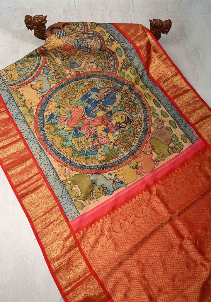 Krishna Leela Authentic Pen Kalamkari on Pure Kanjivaram Silk Saree with Zari Border | SILK MARK CERTIFIED