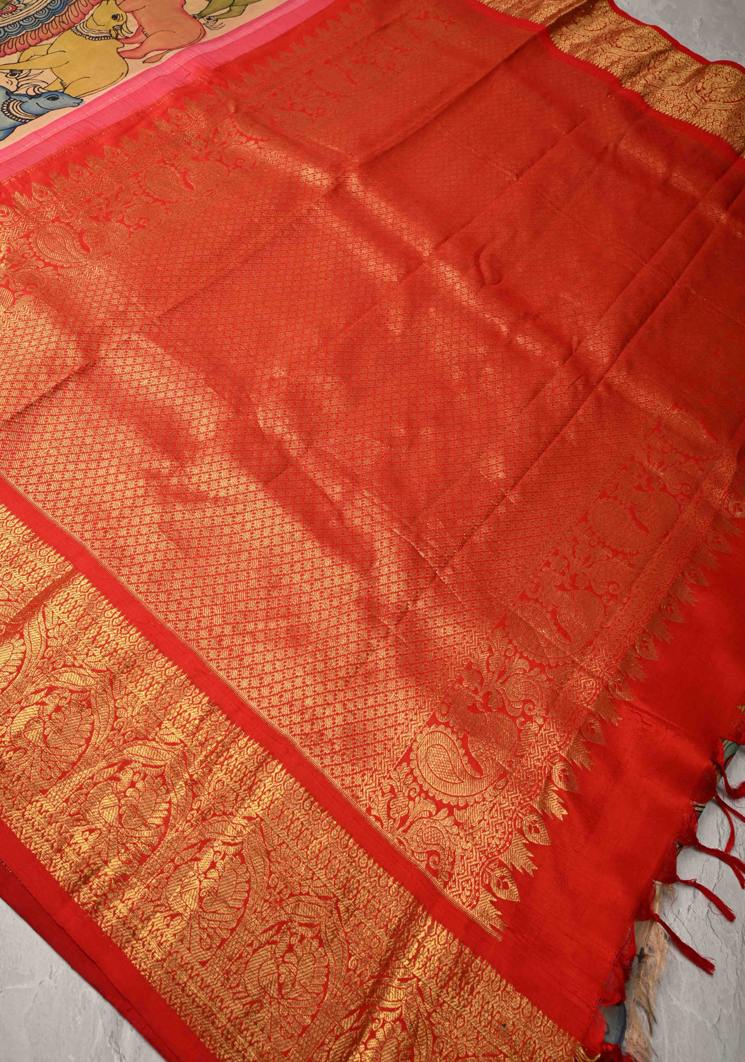 Krishna Leela Authentic Pen Kalamkari on Pure Kanjivaram Silk Saree with Zari Border | SILK MARK CERTIFIED