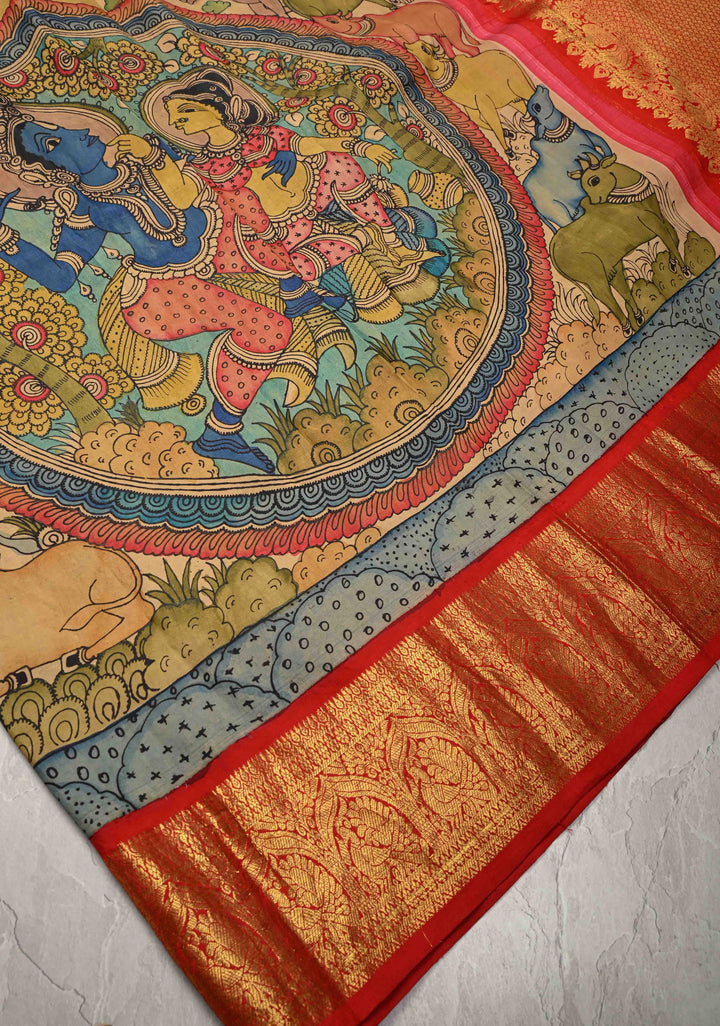 Krishna Leela Authentic Pen Kalamkari on Pure Kanjivaram Silk Saree with Zari Border | SILK MARK CERTIFIED