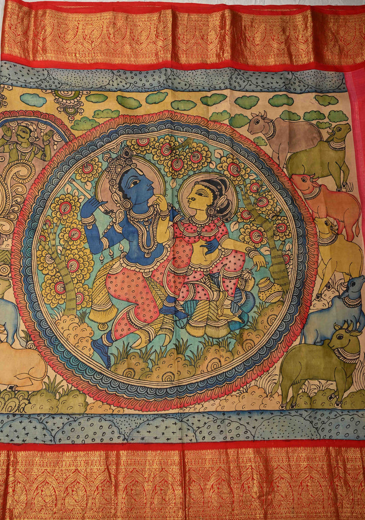 Krishna Leela Authentic Pen Kalamkari on Pure Kanjivaram Silk Saree with Zari Border | SILK MARK CERTIFIED