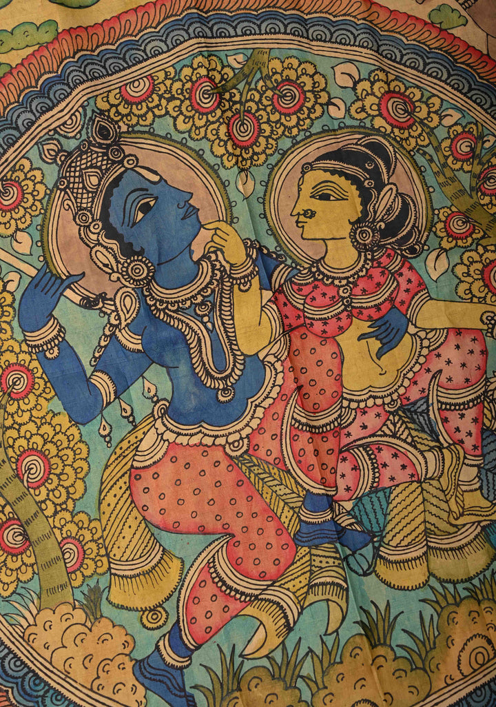 Krishna Leela Authentic Pen Kalamkari on Pure Kanjivaram Silk Saree with Zari Border | SILK MARK CERTIFIED