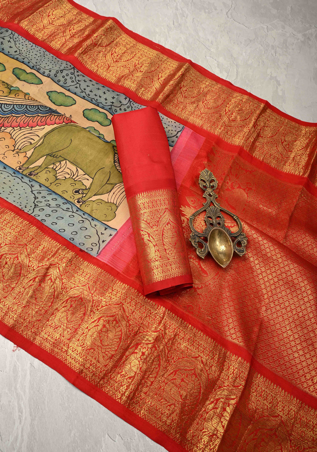 Krishna Leela Authentic Pen Kalamkari on Pure Kanjivaram Silk Saree with Zari Border | SILK MARK CERTIFIED